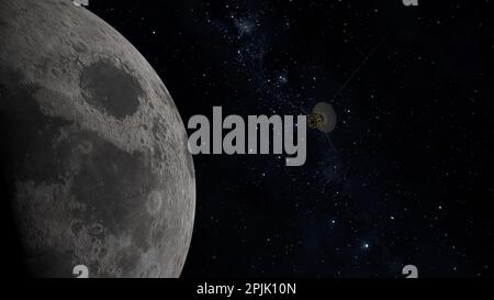 Space probe flying near the Moon. Space exploration. Stock Photo