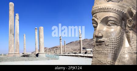 Horizontal banner with columns of Apadana Palace built by Darius the Great and face of assyrian protective deity lamassu - human-headed winged bull, P Stock Photo