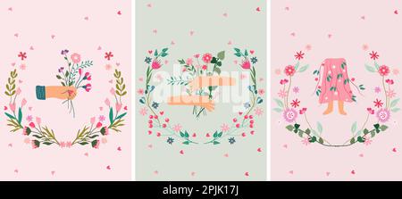 Bright compositions, a hand embracing a bouquet of wildflowers and a silhouette of a woman's skirt with flowers and leaves. Can be used as greeting cards, banners, cards, posters. Vector illustration. Stock Vector