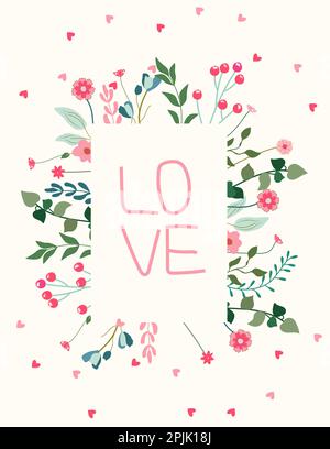 Charming vector frames with botanical elements, including blossoms, leaves, and hearts. Great for invitations, greeting cards, and posters. Vector illustration. Stock Vector