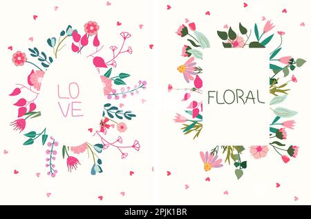 Charming vector frames with botanical elements, including blossoms, leaves, and hearts. Great for invitations, greeting cards, and posters. Vector illustration. Stock Vector