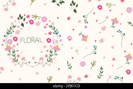 Charming vector frames with botanical elements, including blossoms, leaves, and hearts. Great for invitations, greeting cards, and posters. Vector illustration. Stock Vector