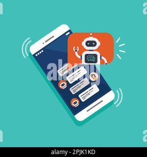 Chat bot on a smartphone. AI assistant robot for communicating with users. Concept of virtual assistant to provide information. Vector illustration Stock Vector