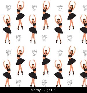 Seamless pattern of a faceless dancing ballerina silhouette with the butterfly on white background Stock Vector