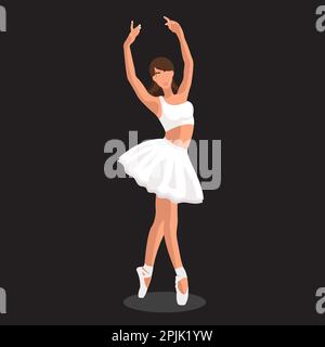 Vector illustration classical ballet. Caucasian white woman ballet dancer in white tutu and pointe shoes dancing on black background. Beautiful young faceless ballerina in a flat style Stock Vector