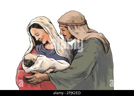 Christmas nativity scene of Joseph and Mary holding baby Jesus   Hand drawn illustration with colors Stock Vector