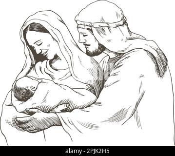 Christmas nativity scene of Joseph and Mary holding baby Jesus   Hand drawn illustration Stock Vector