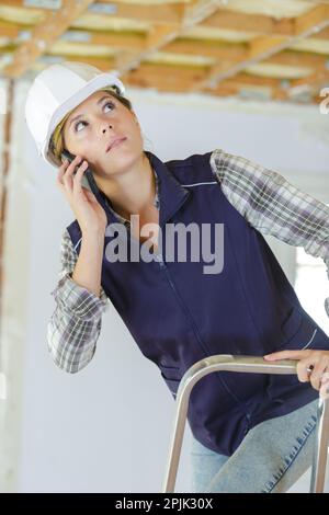 female builder using a smartphone Stock Photo