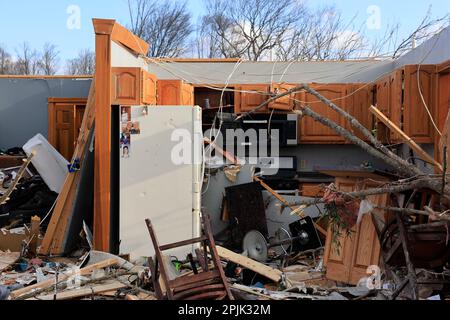 Stinesville, United States. 01st Apr, 2023. A home is destroyed after a tornado in Stinesville, Indiana. A tornado struck the area on March 31, 2023, destroyed houses along the road, and hospitalized some residents with injuries. Two people were killed nearby at McCormick's Creek State Park when the tornado destroyed a campground. Credit: SOPA Images Limited/Alamy Live News Stock Photo