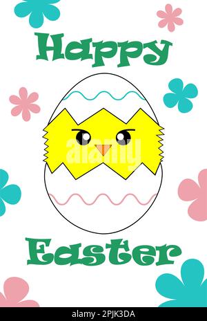 Happy Easter greeting card, template, poster with typography, chicken, egg, flowers in pastel colors. Vector illustration Stock Vector