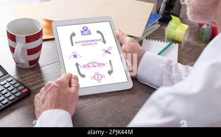 Autonomous vehicle concept shown on a tablet held by a man Stock Photo