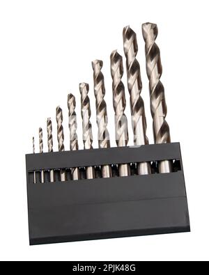 Drill bit set in box isolated on white background Stock Photo