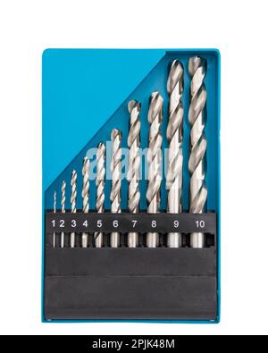 Drill bit set in box isolated on white background Stock Photo
