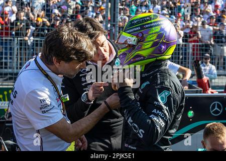 Melbourne, Australia. 02nd Apr, 2023. Mercedes team principal Toto Wolff speaking with Lewis Hamilton of Great Britain and Mercedes-AMG PETRONAS Formula One Team on the grid ahead of the Formula One Australian Grand Prix at the Albert Park Circuit in Melbourne. Credit: SOPA Images Limited/Alamy Live News Stock Photo