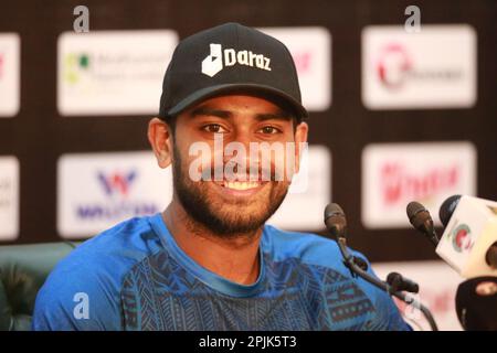 All rounder cricketer Mehidy Hasan Miraz attends pre-match Press conference after Bangladesh Test Cricket Team attends practice session ahead of their Stock Photo