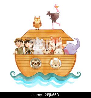 Noah 's ark with many wildlife animals . The flood concept . Realistic watercolor paint with paper textured . Cartoon character design . Vector . Stock Vector
