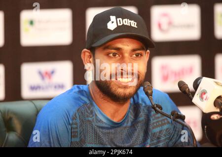 All rounder cricketer Mehidy Hasan Miraz attends pre-match Press conference after Bangladesh Test Cricket Team attends practice session ahead of their Stock Photo