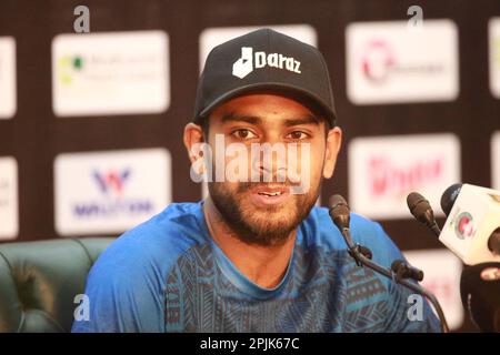 All rounder cricketer Mehidy Hasan Miraz attends pre-match Press conference after Bangladesh Test Cricket Team attends practice session ahead of their Stock Photo