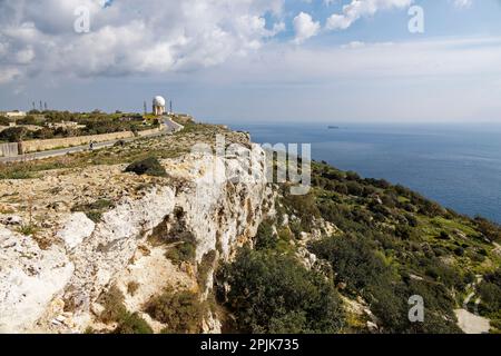 Dingli cliffs, Malta. 23rd Mar, 2023. This large white sphere is an aviation radar that was built on March 27, 1939 in the Dingli Cliffs, Malta. Stock Photo