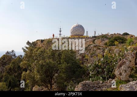 Dingli cliffs, Malta. 23rd Mar, 2023. This large white sphere is an aviation radar that was built on March 27, 1939 in the Dingli Cliffs, Malta. Stock Photo