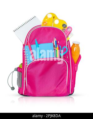 Pink backpack with school supplies isolated on white background with clipping path Stock Photo