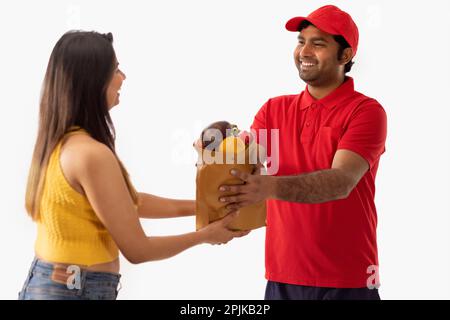 Woman taking delivery of fresh vegetable from delivery boy Stock Photo