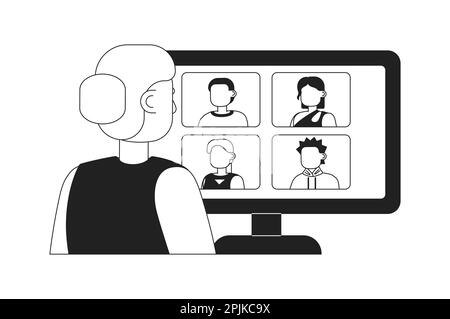 Online meeting for remote workers 2D vector monochrome isolated spot illustration Stock Vector