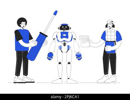 Building humanoid robot duo color line concept vector spot illustration Stock Vector