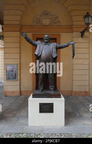 Modena, Italy, april 2023, bronze statue of Luciano Pavarotti tenor singer, touristic place, editorial Stock Photo