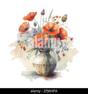 Watercolor Poppy flowers in vase, isolated on white background Stock Vector