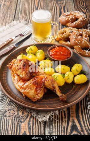 Oktoberfest Roast Chicken Wiesn Hendl with potatoes served with beer and pretzel closeup on the wooden table. Vertical Stock Photo