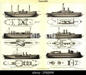 Marine engineer's drawings of six ironclad battleships of the 1800s - (from top to bottom, left) Germany's Ocean, Italy's Italia, Germany's Sachsen, (from top to bottom, right) England's Devastation and Collingwood, and France's Amiral Duperre Stock Photo