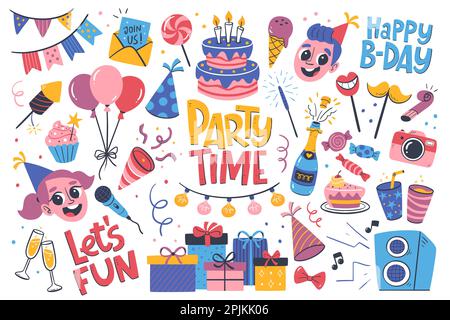 Kids party design elements for invitations, greeting cards, backgrounds... Happy birthday hand drawn set. Vector illustration isolated on white. Stock Vector