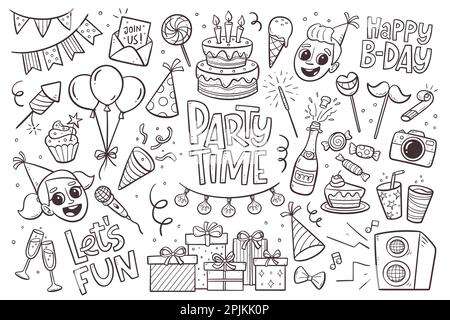 Kids party doodle elements for invitations, greeting cards, backgrounds... Happy birthday hand drawn set. Vector illustration isolated on white. Stock Vector