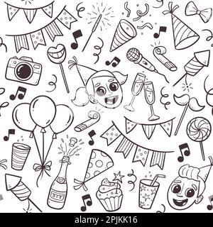 Kids party seamless pattern. Cute isolated doodle elements like balloons, party decoration, desserts and drinks. Stock Vector