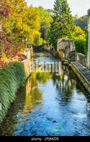 Colorful old buildings, Aure River reflection, Bayeux, Normandy, France. Bayeux founded 1st century BC Stock Photo