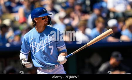 Kansas City, United States. 30th Mar, 2023. Kansas City Royals shortstop Bobby  Witt Jr. (7) avoids getting hit by a Minnesota Twins pitch during the first  inning on the Opening Day at