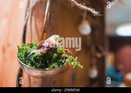 Close up of beautiful easter willow branches with hanging easter colorful eggs. Stock Photo