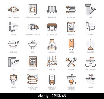 Plumbing service vector flat line icons. Bathroom equipment, faucet, toilet, pipeline leakage repair, dishwasher. Plumber illustration, thin linear Stock Vector