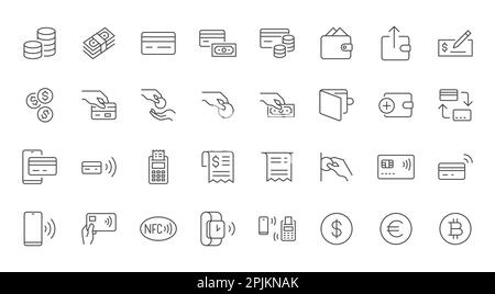 Payment line icons set. Cash money, coins in hand, credit card, wallet, bank check, cashless pay, receipt, contactless purchase vector illustration Stock Vector