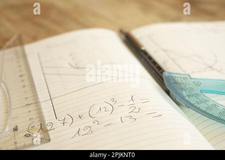 math and geometric calculation concept with ruler and set square Stock Photo