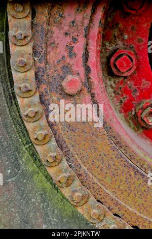 USA, Oregon, Tillamook. Close-up of old and rusted painted truck wheels Stock Photo
