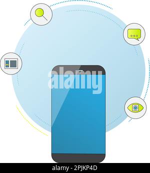 Smartphone with artificial intelligence services : image recognition, voice recognition, text analysis, search engine. Circle icons Stock Vector