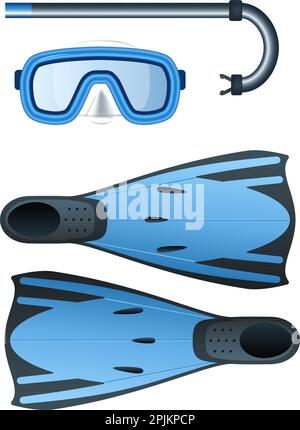 Diving blue colored kit with snorkel, mask and flippers. Vector illustration Stock Vector