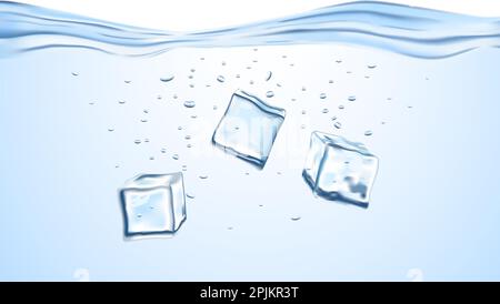 Three crystal ice cubes that thrown in the clear blue and fresh water. Looking realistic vector with white background Stock Vector