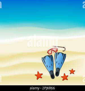 Diving colored kit with snorkel, mask and flippers that lie on the beach. Somebody dived and used this kit and found sea stars in sea. Vector illustra Stock Vector