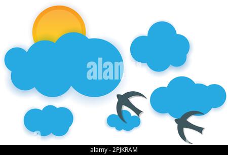 Sky background with sun and blue clouds. Birds are flying in front of clouds. Paper cut style vector illustration Stock Vector