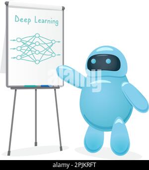 Cute cartoon robot drawing neural network and makes a course or training about deep learning technology. Artificial intelligence or machine learning p Stock Vector