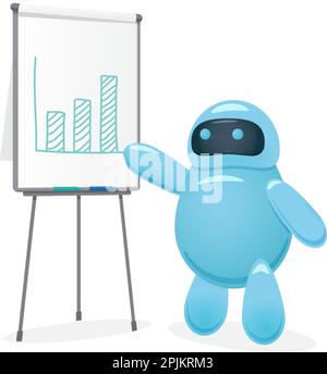 Cute cartoon robot drawing bar chart and makes a presentation how ai helped business to increase revenue. Stock market trading or business analytics p Stock Vector