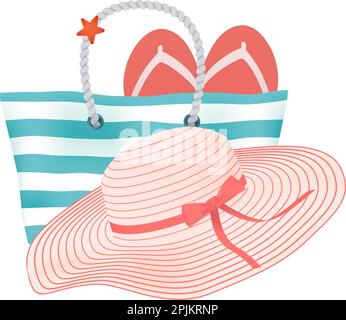 Beach accessories for relax on the shiny sea beach at summer vacation - stripped big beach bag, fashionable beach at with red bow and flip-flops. Vect Stock Vector